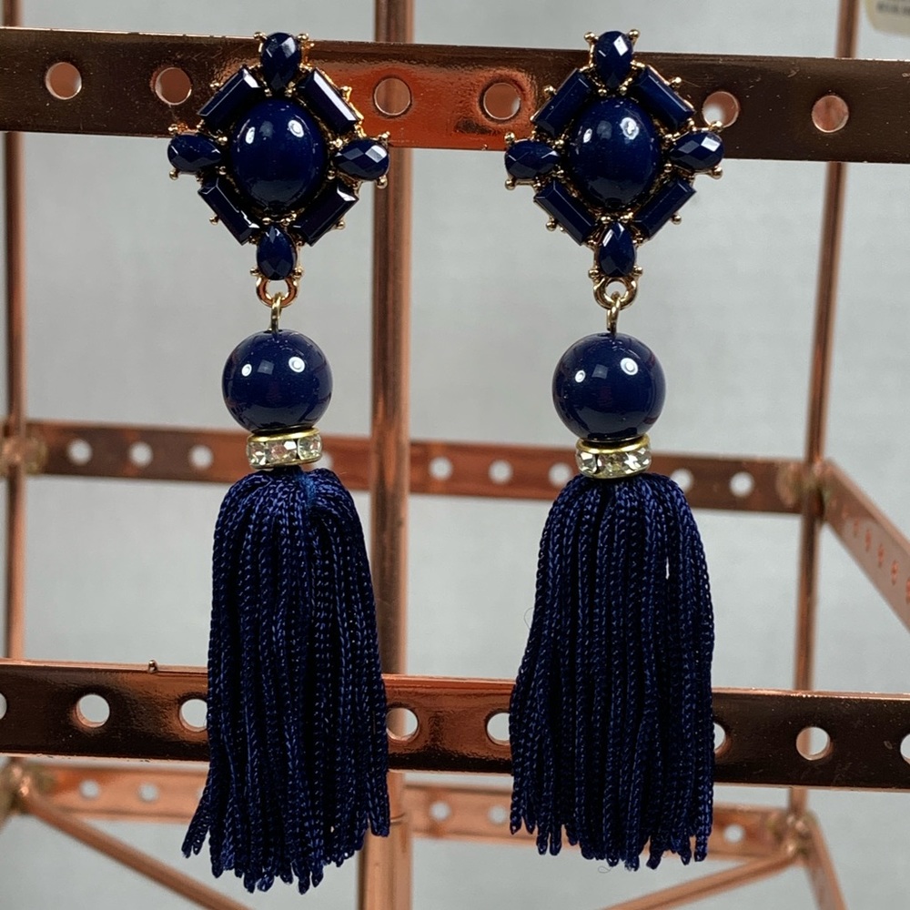 Navy Blue Tassel Hanging Earrings Bead Rhinestone